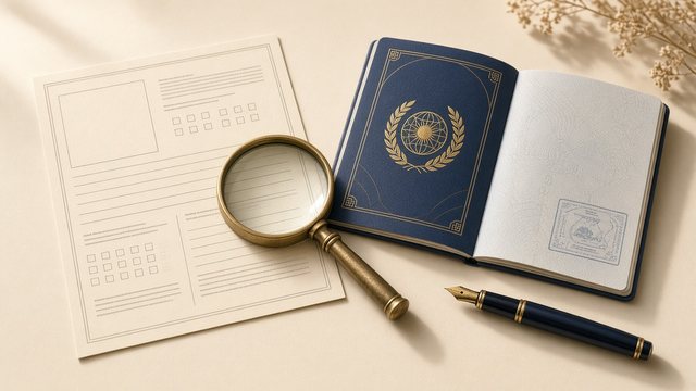 Бланк анкеты, лупа, раскрытый паспорт и перьевая ручка на кремовом столе